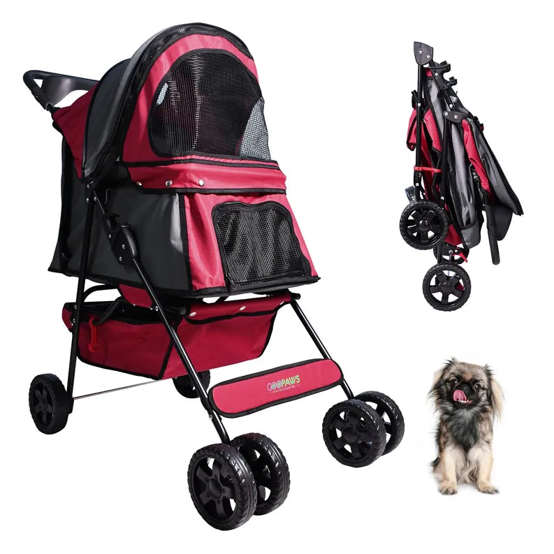GOOPAWS 4-Wheel Foldable Pet Stroller with Safety Brakes & Storage