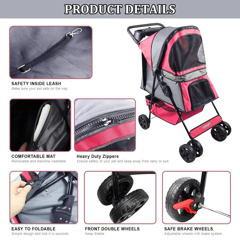 GOOPAWS 4-Wheel Foldable Pet Stroller with Safety Brakes & Storage