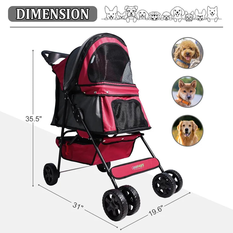 GOOPAWS 4-Wheel Foldable Pet Stroller with Safety Brakes & Storage