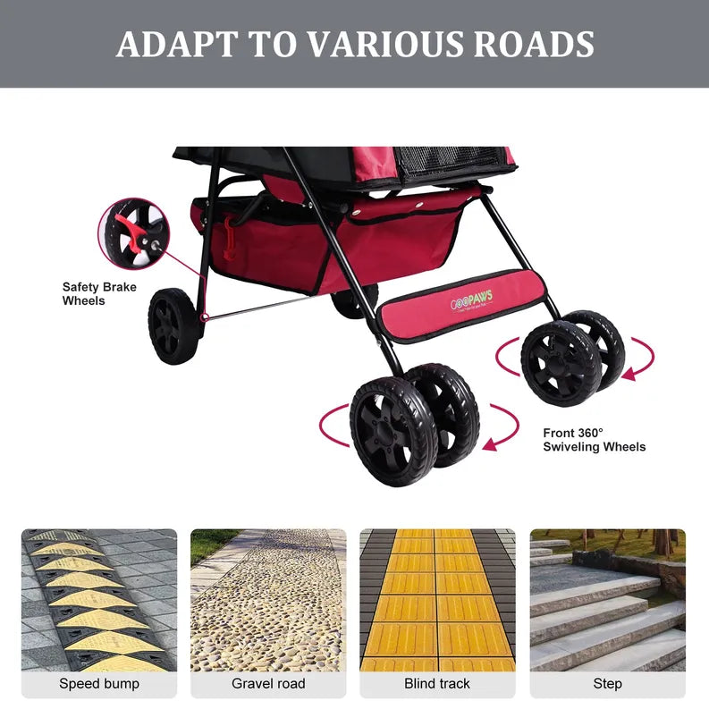 GOOPAWS 4-Wheel Foldable Pet Stroller with Safety Brakes & Storage