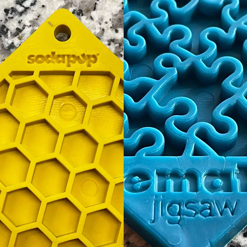 Blue Jigsaw & Yellow Honeycomb eMat Lick Mat Bundle – Large